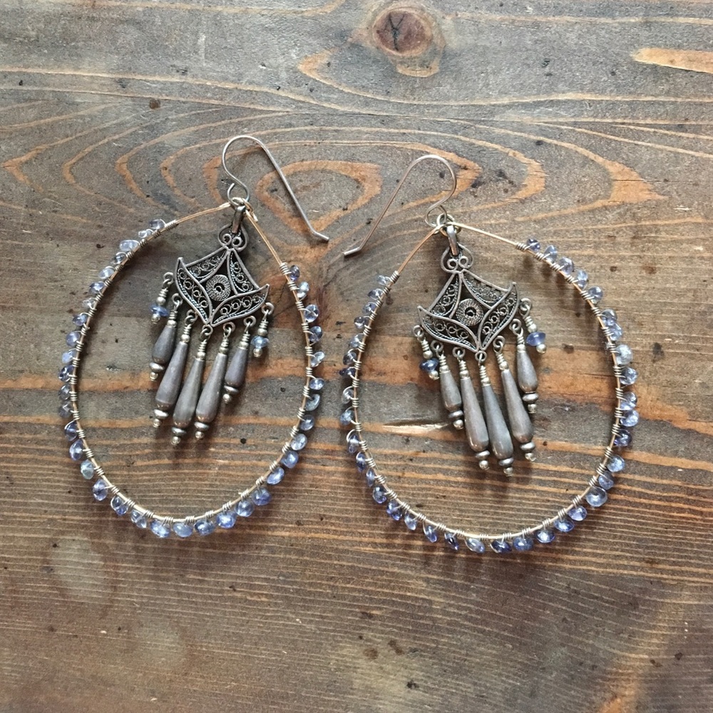 Handmade 16K gold and sterling Iolite Hoops